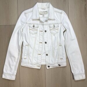VTG Abercrombie White Denim Jacket‎ Girls XL Y2K Floral Lined Distressed Trucker